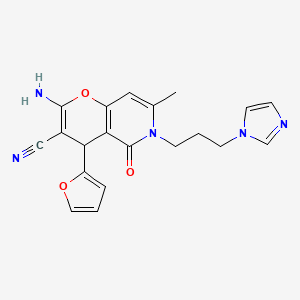 molecular formula C20H19N5O3 B2465303 6-(3-(1H-imidazol-1-yl)propyl)-2-amino-4-(furan-2-yl)-7-methyl-5-oxo-5,6-dihydro-4H-pyrano[3,2-c]pyridine-3-carbonitrile CAS No. 881218-72-0