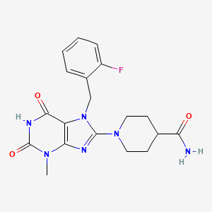 molecular formula C19H21FN6O3 B2465326 1-[7-[(2-Fluorophenyl)methyl]-3-methyl-2,6-dioxopurin-8-yl]piperidine-4-carboxamide CAS No. 673440-95-4