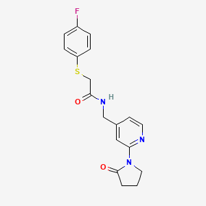 molecular formula C18H18FN3O2S B2465331 2-((4-氟苯基)硫代)-N-((2-(2-氧代吡咯烷-1-基)吡啶-4-基)甲基)乙酰胺 CAS No. 2034567-73-0
