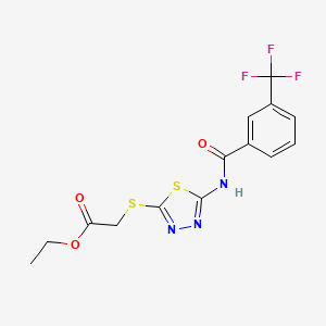 molecular formula C14H12F3N3O3S2 B2465353 Ethyl 2-((5-(3-(trifluoromethyl)benzamido)-1,3,4-thiadiazol-2-yl)thio)acetate CAS No. 392318-25-1