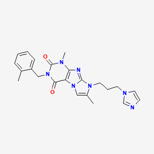 molecular formula C23H25N7O2 B2465379 8-(3-Imidazolylpropyl)-1,7-dimethyl-3-[(2-methylphenyl)methyl]-1,3,5-trihydro-4-imidazolino[1,2-h]purine-2,4-dione CAS No. 919040-87-2