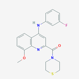 molecular formula C21H20FN3O2S B2465420 (4-((3-Fluorophenyl)amino)-8-methoxyquinolin-2-yl)(thiomorpholino)methanone CAS No. 1251546-79-8