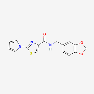 molecular formula C16H13N3O3S B2465421 N-(benzo[d][1,3]dioxol-5-ylmethyl)-2-(1H-pyrrol-1-yl)thiazole-4-carboxamide CAS No. 1207018-88-9