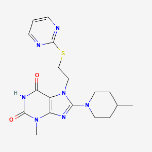molecular formula C18H23N7O2S B2465446 3-甲基-8-(4-甲基哌啶-1-基)-7-(2-(嘧啶-2-硫基)乙基)-1H-嘌呤-2,6(3H,7H)-二酮 CAS No. 685860-47-3