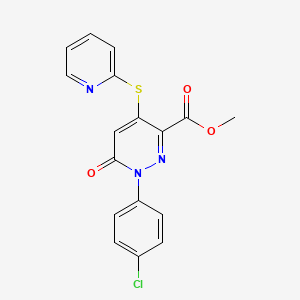 molecular formula C17H12ClN3O3S B2465497 Methyl 1-(4-chlorophenyl)-6-oxo-4-(2-pyridinylsulfanyl)-1,6-dihydro-3-pyridazinecarboxylate CAS No. 338405-50-8