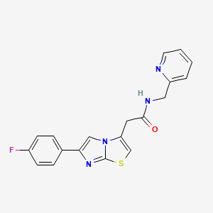 molecular formula C19H15FN4OS B2465500 2-(6-(4-fluorophenyl)imidazo[2,1-b]thiazol-3-yl)-N-(pyridin-2-ylmethyl)acetamide CAS No. 897464-64-1