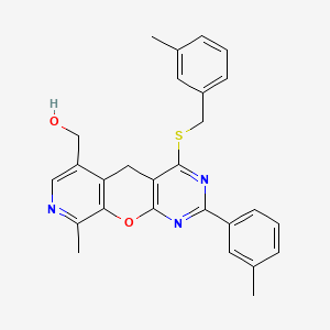 molecular formula C27H25N3O2S B2465585 14-甲基-5-(3-甲基苯基)-7-{[(3-甲基苯基)甲基]硫代}-2-氧杂-4,6,13-三氮三环[8.4.0.0^{3,8}]十四-1(10),3(8),4,6,11,13-己烯-11-基]甲醇 CAS No. 892415-21-3