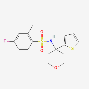molecular formula C16H18FNO3S2 B2465636 4-fluoro-2-methyl-N-(4-(thiophen-2-yl)tetrahydro-2H-pyran-4-yl)benzenesulfonamide CAS No. 2034508-29-5