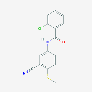 molecular formula C15H11ClN2OS B2465671 2-Chloro-N-(3-cyano-4-(methylsulfanyl)phenyl)benzenecarboxamide CAS No. 306980-84-7