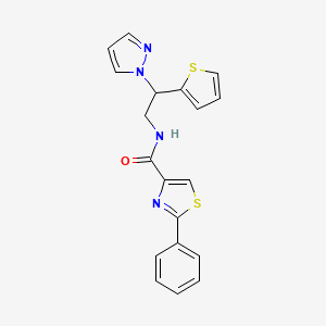 molecular formula C19H16N4OS2 B2465703 N-(2-(1H-pyrazol-1-yl)-2-(thiophen-2-yl)ethyl)-2-phenylthiazole-4-carboxamide CAS No. 2034273-41-9