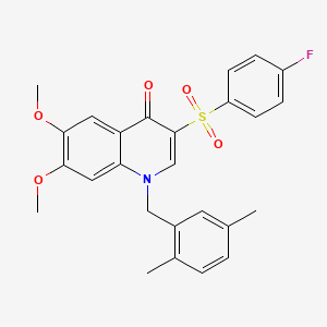 molecular formula C26H24FNO5S B2465773 1-[(2,5-Dimethylphenyl)methyl]-3-(4-fluorophenyl)sulfonyl-6,7-dimethoxyquinolin-4-one CAS No. 866810-42-6