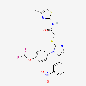 molecular formula C22H17F2N5O4S2 B2465792 2-((1-(4-(difluoromethoxy)phenyl)-5-(3-nitrophenyl)-1H-imidazol-2-yl)thio)-N-(4-methylthiazol-2-yl)acetamide CAS No. 1226448-22-1