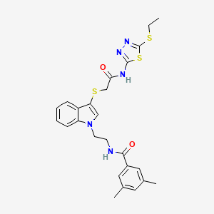 molecular formula C25H27N5O2S3 B2466008 N-(2-(3-((2-((5-(ethylthio)-1,3,4-thiadiazol-2-yl)amino)-2-oxoethyl)thio)-1H-indol-1-yl)ethyl)-3,5-dimethylbenzamide CAS No. 532974-48-4