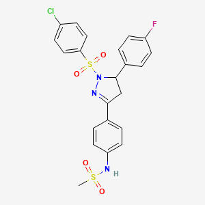 molecular formula C22H19ClFN3O4S2 B2466038 N-[4-[2-(4-chlorophenyl)sulfonyl-3-(4-fluorophenyl)-3,4-dihydropyrazol-5-yl]phenyl]methanesulfonamide CAS No. 851780-80-8