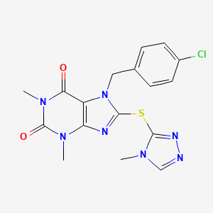 molecular formula C17H16ClN7O2S B2466061 7-[(4-Chlorophenyl)methyl]-1,3-dimethyl-8-[(4-methyl-1,2,4-triazol-3-yl)sulfanyl]purine-2,6-dione CAS No. 797775-59-8