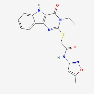 molecular formula C18H17N5O3S B2466076 2-({3-ethyl-4-oxo-3H,4H,5H-pyrimido[5,4-b]indol-2-yl}sulfanyl)-N-(5-methyl-1,2-oxazol-3-yl)acetamide CAS No. 888462-06-4