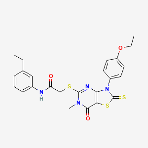 molecular formula C24H24N4O3S3 B2466102 2-((3-(4-ethoxyphenyl)-6-methyl-7-oxo-2-thioxo-2,3,6,7-tetrahydrothiazolo[4,5-d]pyrimidin-5-yl)thio)-N-(3-ethylphenyl)acetamide CAS No. 1112419-10-9