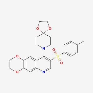 molecular formula C25H26N2O6S B2466129 9-(1,4-Dioxa-8-azaspiro[4.5]dec-8-yl)-8-[(4-methylphenyl)sulfonyl]-2,3-dihydro[1,4]dioxino[2,3-g]quinoline CAS No. 866867-15-4