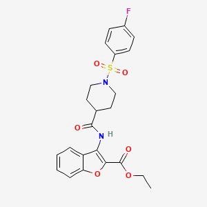 molecular formula C23H23FN2O6S B2466152 Ethyl 3-(1-((4-fluorophenyl)sulfonyl)piperidine-4-carboxamido)benzofuran-2-carboxylate CAS No. 923395-94-2