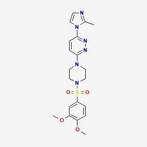 molecular formula C20H24N6O4S B2466168 3-(4-((3,4-dimethoxyphenyl)sulfonyl)piperazin-1-yl)-6-(2-methyl-1H-imidazol-1-yl)pyridazine CAS No. 1396684-48-2