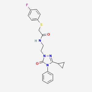 molecular formula C21H21FN4O2S B2466234 N-(2-(3-cyclopropyl-5-oxo-4-phenyl-4,5-dihydro-1H-1,2,4-triazol-1-yl)ethyl)-2-((4-fluorophenyl)thio)acetamide CAS No. 1396814-63-3