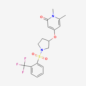 molecular formula C18H19F3N2O4S B2466270 1,6-二甲基-4-((1-((2-(三氟甲基)苯基)磺酰基)吡咯烷-3-基)氧基)吡啶-2(1H)-酮 CAS No. 2034239-76-2