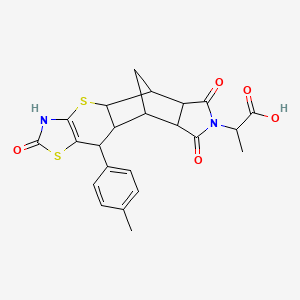 molecular formula C23H22N2O5S2 B2466305 2-[9-(4-Methylphenyl)-6,13,15-trioxo-3,7-dithia-5,14-diazapentacyclo[9.5.1.02,10.04,8.012,16]heptadec-4(8)-en-14-yl]propanoic acid CAS No. 1024713-92-5