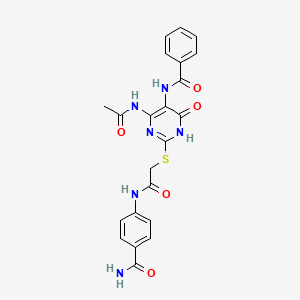 molecular formula C22H20N6O5S B2466322 N-(4-acetamido-2-((2-((4-carbamoylphenyl)amino)-2-oxoethyl)thio)-6-oxo-1,6-dihydropyrimidin-5-yl)benzamide CAS No. 872608-72-5