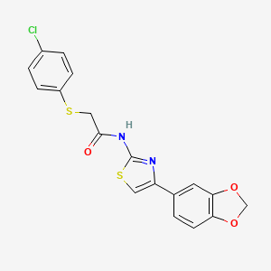 molecular formula C18H13ClN2O3S2 B2466325 N-(4-(benzo[d][1,3]dioxol-5-yl)thiazol-2-yl)-2-((4-chlorophenyl)thio)acetamide CAS No. 895470-35-6
