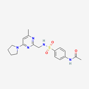 molecular formula C18H23N5O3S B2466352 N-(4-(N-((4-methyl-6-(pyrrolidin-1-yl)pyrimidin-2-yl)methyl)sulfamoyl)phenyl)acetamide CAS No. 1797077-55-4
