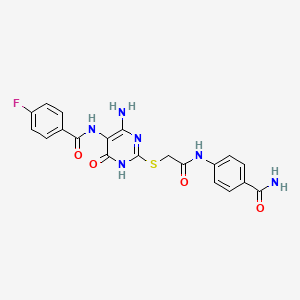 molecular formula C20H17FN6O4S B2466354 N-(4-amino-2-((2-((4-carbamoylphenyl)amino)-2-oxoethyl)thio)-6-oxo-1,6-dihydropyrimidin-5-yl)-4-fluorobenzamide CAS No. 888418-40-4
