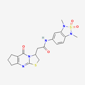 molecular formula C19H21N5O4S2 B2466357 N-(1,3-二甲基-2,2-二氧化-1,3-二氢苯并[c][1,2,5]噻二唑-5-基)-2-(5-氧代-2,3,5,6,7,8-六氢环戊[d]噻唑并[3,2-a]嘧啶-3-基)乙酰胺 CAS No. 2034402-23-6