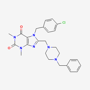 molecular formula C26H29ClN6O2 B2466399 8-[(4-benzylpiperazin-1-yl)methyl]-7-(4-chlorobenzyl)-1,3-dimethyl-3,7-dihydro-1H-purine-2,6-dione CAS No. 840482-39-5