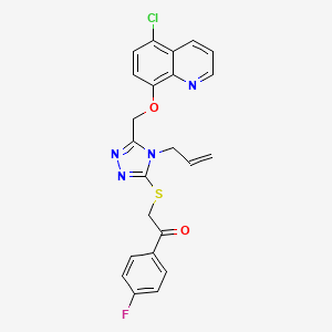 molecular formula C23H18ClFN4O2S B2466660 2-[[5-[(5-Chloroquinolin-8-yl)oxymethyl]-4-prop-2-enyl-1,2,4-triazol-3-yl]sulfanyl]-1-(4-fluorophenyl)ethanone CAS No. 637326-16-0