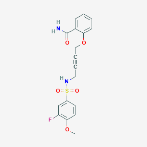 molecular formula C18H17FN2O5S B2466683 2-((4-(3-氟-4-甲氧基苯磺酰胺)丁-2-炔-1-基)氧基)苯甲酰胺 CAS No. 1448137-25-4