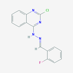 molecular formula C15H10ClFN4 B2466690 2-クロロ-4-[(E)-2-[(2-フルオロフェニル)メチリデン]ヒドラジン-1-イル]キナゾリン CAS No. 339025-94-4