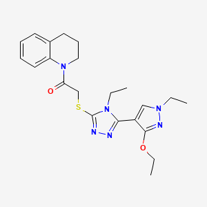 molecular formula C22H28N6O2S B2466750 1-(3,4-dihydroquinolin-1(2H)-yl)-2-((5-(3-ethoxy-1-ethyl-1H-pyrazol-4-yl)-4-ethyl-4H-1,2,4-triazol-3-yl)thio)ethanone CAS No. 1013778-32-9