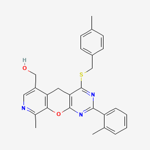 molecular formula C27H25N3O2S B2466831 (9-methyl-4-((4-methylbenzyl)thio)-2-(o-tolyl)-5H-pyrido[4',3':5,6]pyrano[2,3-d]pyrimidin-6-yl)methanol CAS No. 892415-96-2