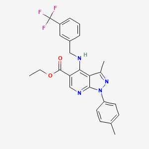 molecular formula C25H23F3N4O2 B2466927 ethyl 3-methyl-1-(4-methylphenyl)-4-{[3-(trifluoromethyl)benzyl]amino}-1H-pyrazolo[3,4-b]pyridine-5-carboxylate CAS No. 866050-14-8