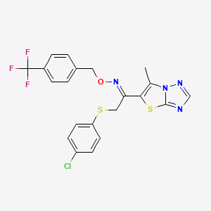 molecular formula C21H16ClF3N4OS2 B2466978 (E)-{2-[(4-chlorophenyl)sulfanyl]-1-{6-methyl-[1,2,4]triazolo[3,2-b][1,3]thiazol-5-yl}ethylidene}({[4-(trifluoromethyl)phenyl]methoxy})amine CAS No. 866131-21-7