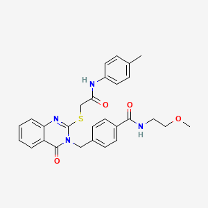 molecular formula C28H28N4O4S B2467045 N-(2-甲氧基乙基)-4-((4-氧代-2-((2-氧代-2-(对甲苯氨基)乙基)硫代)喹唑啉-3(4H)-基)甲基)苯甲酰胺 CAS No. 1115360-60-5