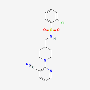 molecular formula C18H19ClN4O2S B2467098 2-氯-N-((1-(3-氰基吡啶-2-基)哌啶-4-基)甲基)苯磺酰胺 CAS No. 2034587-18-1