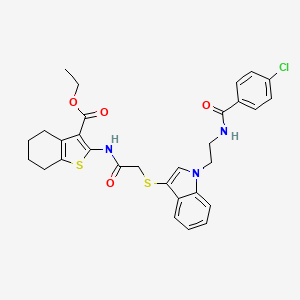 molecular formula C30H30ClN3O4S2 B2467099 Ethyl 2-[[2-[1-[2-[(4-chlorobenzoyl)amino]ethyl]indol-3-yl]sulfanylacetyl]amino]-4,5,6,7-tetrahydro-1-benzothiophene-3-carboxylate CAS No. 532972-63-7