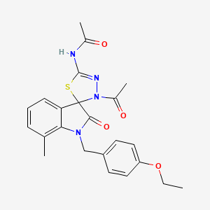 molecular formula C23H24N4O4S B2467103 N-{3'-acetyl-1-[(4-ethoxyphenyl)methyl]-7-methyl-2-oxo-1,2-dihydro-3'H-spiro[indole-3,2'-[1,3,4]thiadiazole]-5'-yl}acetamide CAS No. 905775-15-7