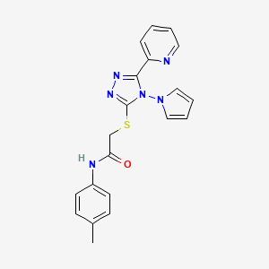molecular formula C20H18N6OS B2467161 N-(4-methylphenyl)-2-{[5-(pyridin-2-yl)-4-(1H-pyrrol-1-yl)-4H-1,2,4-triazol-3-yl]sulfanyl}acetamide CAS No. 886932-87-2