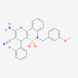 molecular formula C26H20BrN3O4S B2467213 2-Amino-4-(2-bromophenyl)-6-(3-methoxybenzyl)-4,6-dihydropyrano[3,2-c][2,1]benzothiazine-3-carbonitrile 5,5-dioxide CAS No. 893301-78-5