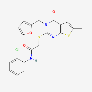 molecular formula C20H16ClN3O3S2 B2467248 N-(2-chlorophenyl)-2-[3-(furan-2-ylmethyl)-6-methyl-4-oxothieno[2,3-d]pyrimidin-2-yl]sulfanylacetamide CAS No. 878682-61-2