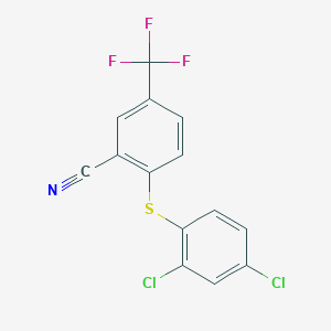 molecular formula C14H6Cl2F3NS B2467271 2-((2,4-Dichlorophenyl)sulfanyl)-5-(trifluoromethyl)benzenecarbonitrile CAS No. 477866-80-1