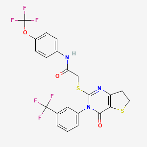 molecular formula C22H15F6N3O3S2 B2467284 2-((4-氧代-3-(3-(三氟甲基)苯基)-3,4,6,7-四氢噻吩并[3,2-d]嘧啶-2-基)硫代)-N-(4-(三氟甲氧基)苯基)乙酰胺 CAS No. 895998-06-8
