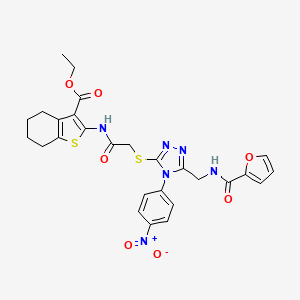 molecular formula C27H26N6O7S2 B2467294 Ethyl 2-[[2-[[5-[(furan-2-carbonylamino)methyl]-4-(4-nitrophenyl)-1,2,4-triazol-3-yl]sulfanyl]acetyl]amino]-4,5,6,7-tetrahydro-1-benzothiophene-3-carboxylate CAS No. 393806-25-2